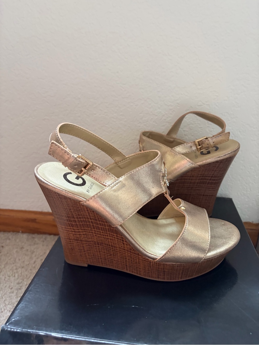 Guess Metallic Gold Wedge Sandals with Wood-Effect Platform